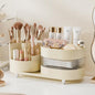Ivory Rotating Vanity Organizer with Drawer & Brush Holder - 3 Layer Cosmetic Skincare & Perfume Storage - Countertop Makeup Display Case