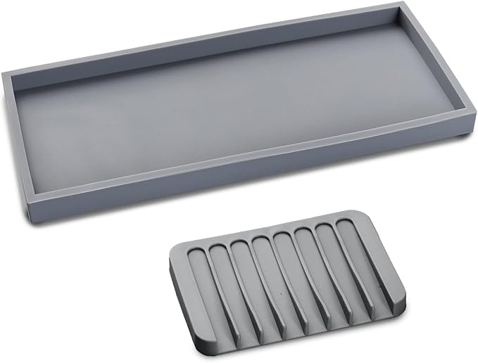 Bloss Silicone Tray Set for Bathroom/Kitchen Counter - 11.8x5.1 inch Bathroom Soap Dispenser Tray and Soap Holder, Silicone Vanity Trays Countertop Organizer for Scrubber, Perfume, Jewelry, Candle