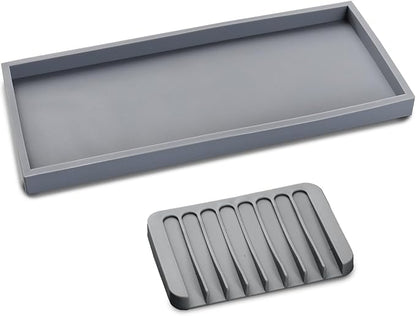 Bloss Silicone Tray Set for Bathroom/Kitchen Counter - 11.8x5.1 inch Bathroom Soap Dispenser Tray and Soap Holder, Silicone Vanity Trays Countertop Organizer for Scrubber, Perfume, Jewelry, Candle