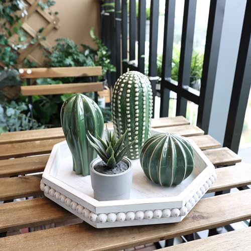 Hrastany Whitewashed Octagonal Wood Decorative Tray, Small Farmhouse Wooden Serving Tray with Beads, Versatile Shabby Chic Coffee Table Tray for Kitchen Counter, Ottoman, Living Room - Image 6