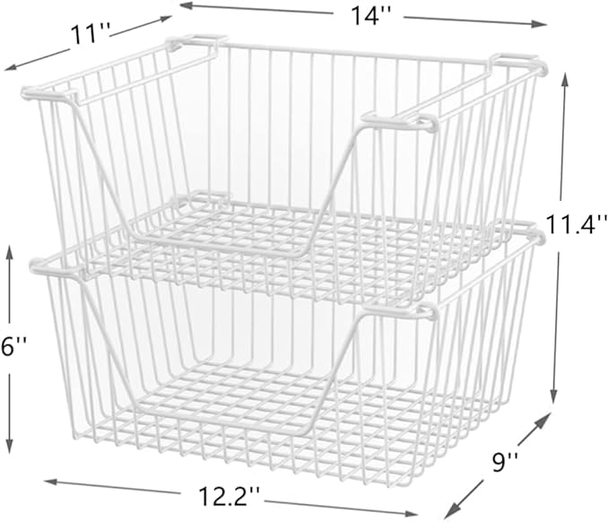 Slideep 14'' Large Metal Wire Storage Organizer Bin Basket Farmhouse Decor Stackable Storage Organizer for Pantry Home Bathroom Kitchen Organization White - 6 Pack