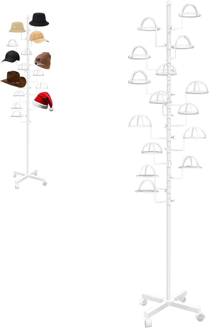 Montex Freestanding Hat Rack Stand, Metal Hat Organizer Rack with 14 Customisable Circular Hooks, Hats Tree Stand Floor Standing Hat Display, White