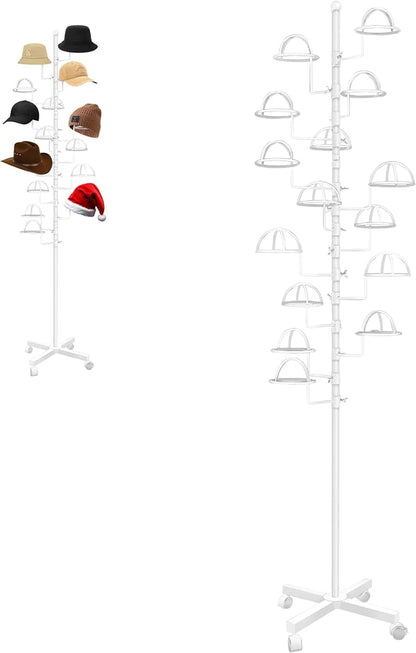 Montex Freestanding Hat Rack Stand, Metal Hat Organizer Rack with 14 Customisable Circular Hooks, Hats Tree Stand Floor Standing Hat Display, White