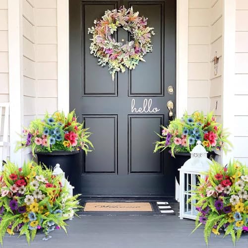 ZEOSTARO Artificial Outdoor Plants 12 Bundles Fake Boston Fern with Eucalyptus Flowers Faux UV Resistant Greenery Garden Window Box Porch Farmhouse Hanging Decor(Mix Flowers&Fern) - Image 7