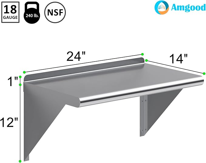 AmGood 14 in. x 24 in. Stainless Steel Wall Shelf | NSF | Metal Shelving | Garage, Laundry, Storage, Utility Room | Restaurant, Commercial Kitchen