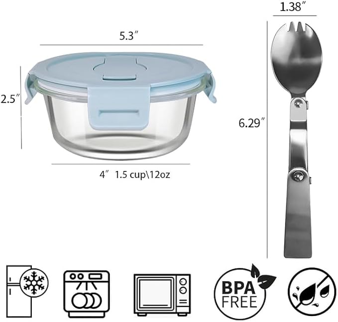 1.5 Cup Round Glass Food Container with Lids and Folding spoon, Small Round Glass Storage Container, 12oz Food Bowls with Spoons for Lunch Office, Oven, Freezer, Dishwasher Safe (4Pack)