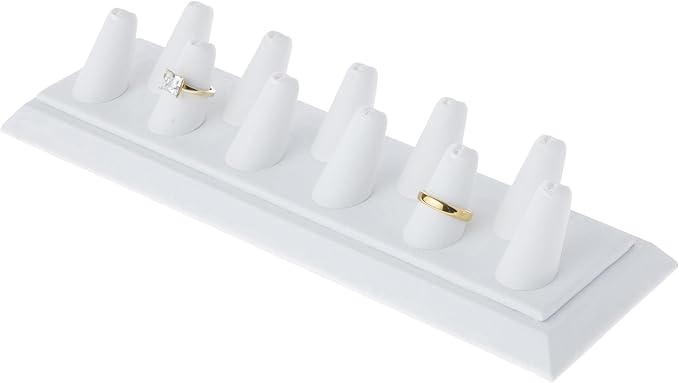 Plymor White Faux Leather Ring Finger Display, Eleven on Rectangular Base, 11.125" W x 3.375" D x 2.125" H (Pack of 12)
