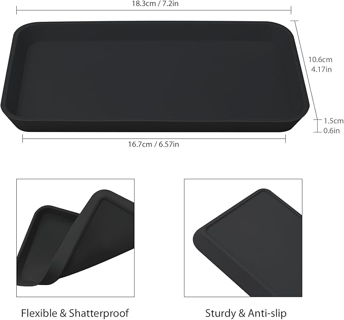 Countertop Vanity Tray, Bathroom Silicone Shatterproof Tray, Soap and Sponge Holder for Kitchen Sink Toilet Tank, Bathroom Holders for Counter, Perfume Candle Key Valet - Black - Black