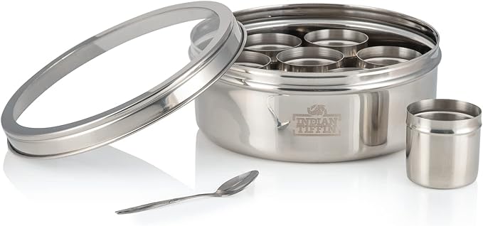 Indian-Tiffin Masala Dabba – Airtight Spice Container – Food Grade Stainless Steel – with Spice Labels & Spoon (Large (20cm), Clear Lid, No Lids on Inner Pots)