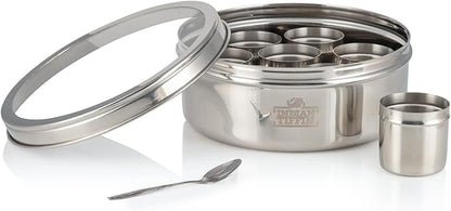 Indian-Tiffin Masala Dabba – Airtight Spice Container – Food Grade Stainless Steel – with Spice Labels & Spoon (Large (20cm), Clear Lid, No Lids on Inner Pots)