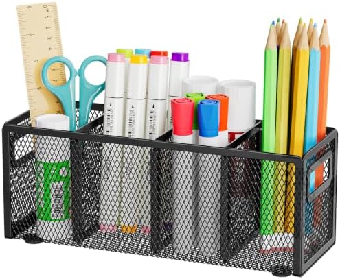 Marbrasse Mesh Pen Holder for Desk, Pencil Holder Desk Organizer 3 Adjustable Compartments, Pencil Cup with Handle Perfect for Classroom, Office, Home, Makeup, Art (4 Compartments - Black) by Marbrasse