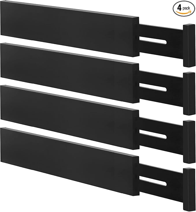 Bamboo Drawer Dividers Organizers, Kitchen Drawer Organizer, Adjustable Drawer Divider for Clothes, Kitchen, Dresser, Bedroom, Bathroom and Office, 4-Pack (Black, 12-17 IN)