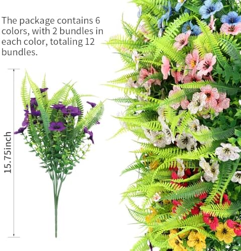 ZEOSTARO Artificial Outdoor Plants 12 Bundles Fake Boston Fern with Eucalyptus Flowers Faux UV Resistant Greenery Garden Window Box Porch Farmhouse Hanging Decor(Mix Flowers&Fern) - Image 3