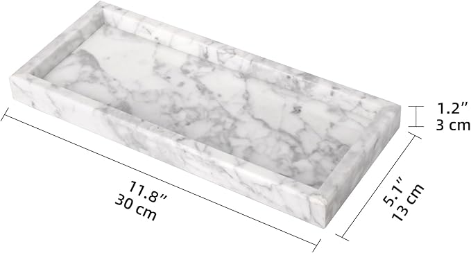 Marble Bathroom Vanity Tray, Natural Luxury Vanity Home Kitchen Bathroom Table Tray, Stone Decorative Countertop Dresser Trays for Key Coffee Perfume Jewelry Makeup (Carrara White, 12"x 5" x1.2")