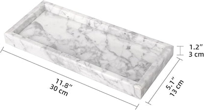 Marble Bathroom Vanity Tray, Natural Luxury Vanity Home Kitchen Bathroom Table Tray, Stone Decorative Countertop Dresser Trays for Key Coffee Perfume Jewelry Makeup (Carrara White, 12"x 5" x1.2")