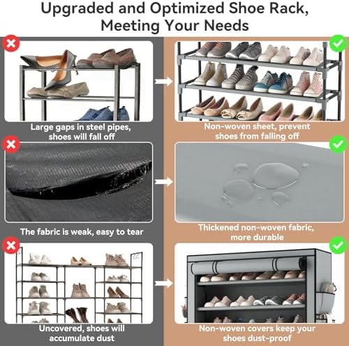 LANTEFUL Shoe Rack with Covers 10 Tier Tall Shoe Rack Organizer Large Capacity Shoe Shelf Storage 40 Pairs Space Saving Free Standing Shoe Storage Organizer for Closet, Entryway, Dorm, Grey - Image 6