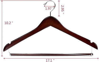 10 Quality Hangers Wooden Curved Hangers Beautiful Sturdy Suit Coat Hangers with Locking Bar Chrome Hooks (10)