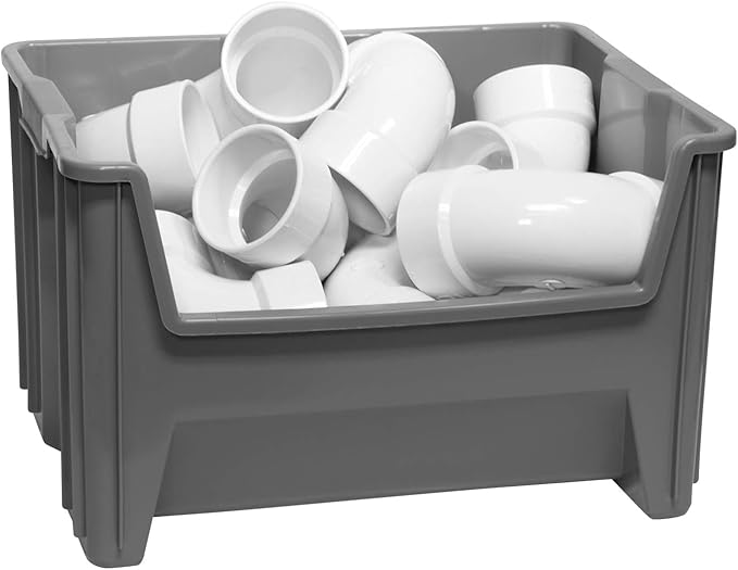Akro-Mils 13017 Stak-N-Store Stackable Storage Bins, Heavy Duty Garage Storage Containers, Open Front Plastic Organizer for Tools, Shelves, Closet Organizer, 15" x 20" x 12-1/2", Grey, 3-Pack