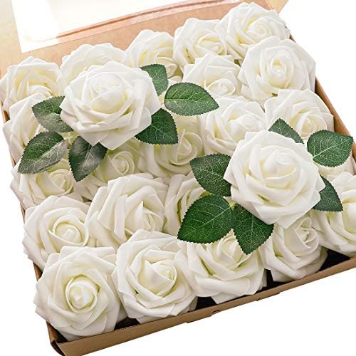 Floroom Artificial Flowers 25pcs Real Looking Ivory Foam Fake Roses with Stems for DIY Wedding Bouquets White Bridal Shower Centerpieces Arrangements Party Tables Decorations by Floroom