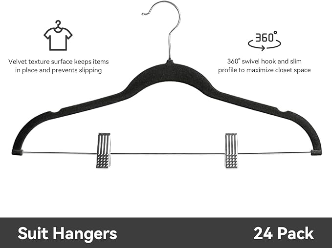 Velvet Pants Hangers Pack of 24, Non-Slip Skirt Clothes Trousers Hangers with Adjustable Clips, 360 ° Swivel Hooks Black/Silver