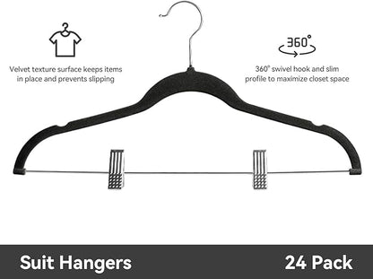 Velvet Pants Hangers Pack of 24, Non-Slip Skirt Clothes Trousers Hangers with Adjustable Clips, 360 ° Swivel Hooks Black/Silver