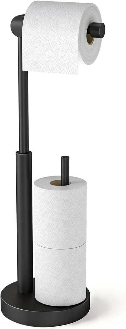 YUMORE Toilet Paper Holder Stand, Free Standing Toilet Paper Holder with Storage, Weighted Base Open-Ring Stainless Steel Tissue Organizer (Matte Black)