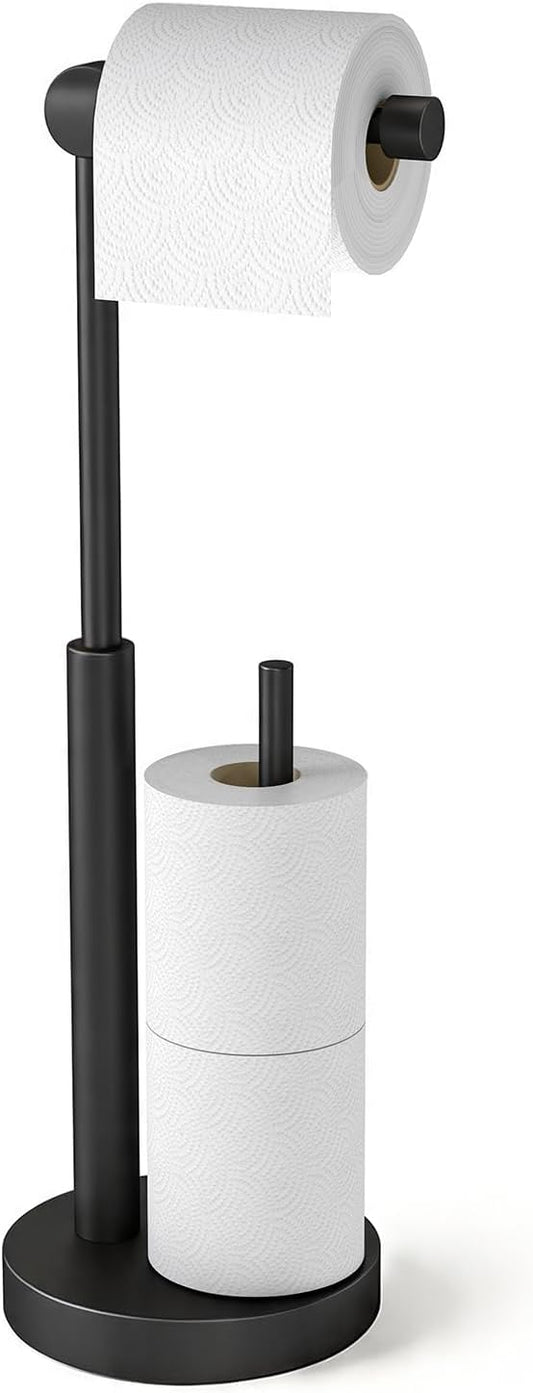 YUMORE Toilet Paper Holder Stand, Free Standing Toilet Paper Holder with Storage, Weighted Base Open-Ring Stainless Steel Tissue Organizer (Matte Black)