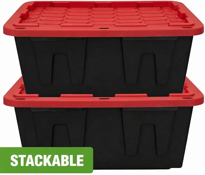 27 Gallon Large Storage Bin with Snap Lid, Heavy Duty Plastic Storage Container, Black and Red, 4 Pack