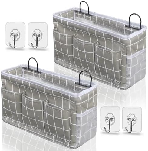 Kanrichu 2pcs 3-pockets Large Wall Hanging Organizer Bag, Linen Fabric Door Hanging Storage Baskets with Pockets, Waterproof Bin for Kitchen, Bedroom, Office, RV Camper (GreyGrid-2pcs) by KANRICHU