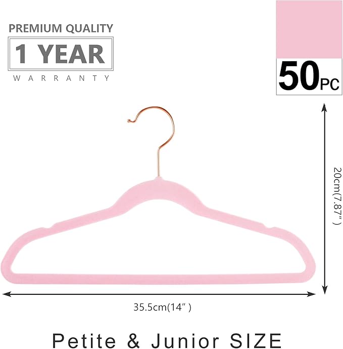 MIZGI Kids Velvet Hangers,Non-Slip Big Kids Hangers,14 Inch Hangers for Youth,Teen Clothes,Pack of 50（Pink/Rosegold）