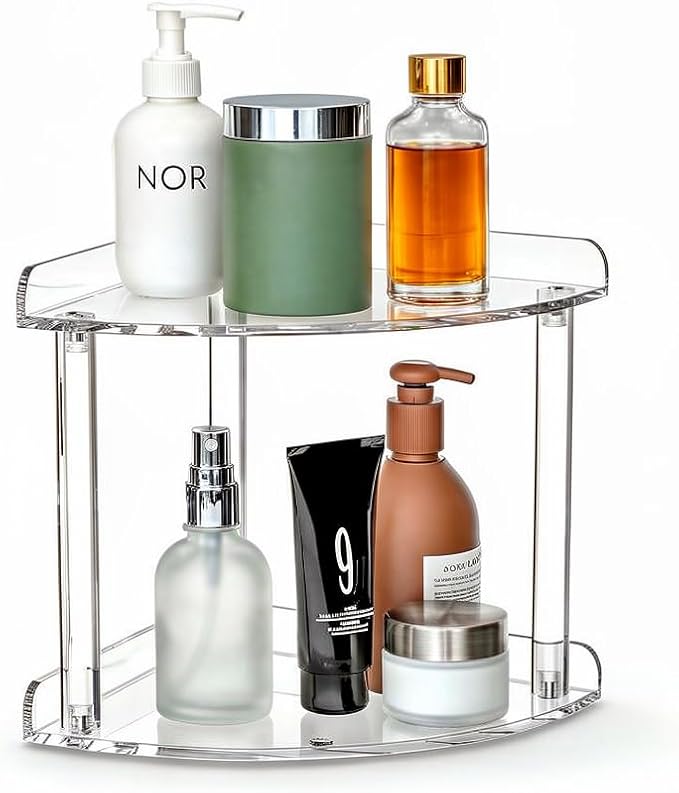2 Tier Clear Acrylic Bathroom Corner Organizer, Countertop Vanity Tray for Makeup, Cosmetics, Perfume - Freestanding Storage Shelf for Bathroom, Bedroom, Kitchen