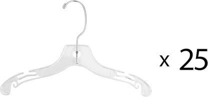 12 inch Wide Reinforced Clear Plastic Child Shirt Hangers with Swivel Hook and Notched Shoulders (Quantity 25) (Clear, 25)