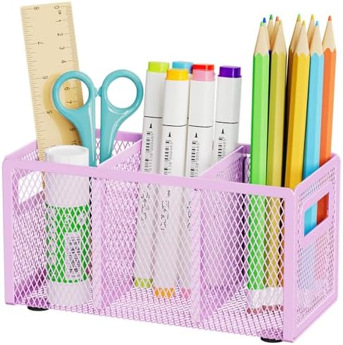Marbrasse Mesh Pen Holder for Desk, Pencil Holder Desk Organizer 3 Adjustable Compartments, Pencil Cup with Handle Perfect for Classroom, Office, Home, Makeup, Art (Purple) by Marbrasse