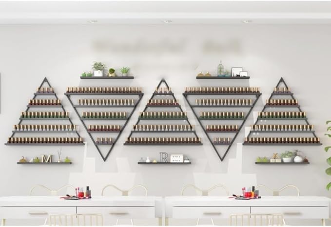 Elegant Wall Mounted Nail Polish Storage Rack Set of 10 Triangular Cosmetic Display Shelves for Essential Oil Bottles, Organize Your Lipsticks and Perfumes in Style at Home or Salon (Black)