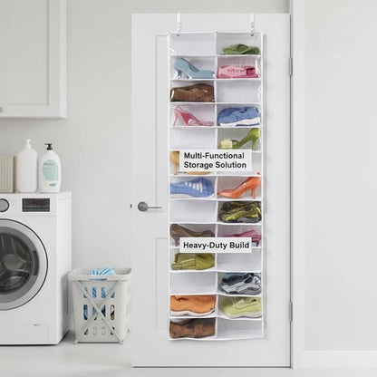 Over The Door Sweatshirt Organizer Hanging Clear Door Shoe Organizer with 26 Pocket Foldable Heavy Duty Toy Storage Over The Hoodie