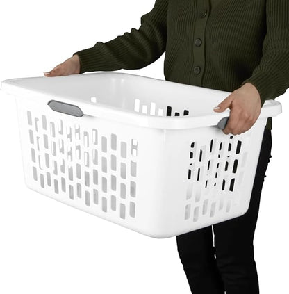 Large Plastic Laundry Basket, Clothes Hamper, Rectangle Bin with Grip Handles, for Home, Dorm, and Apartments, White, 2 Bushel Capacity