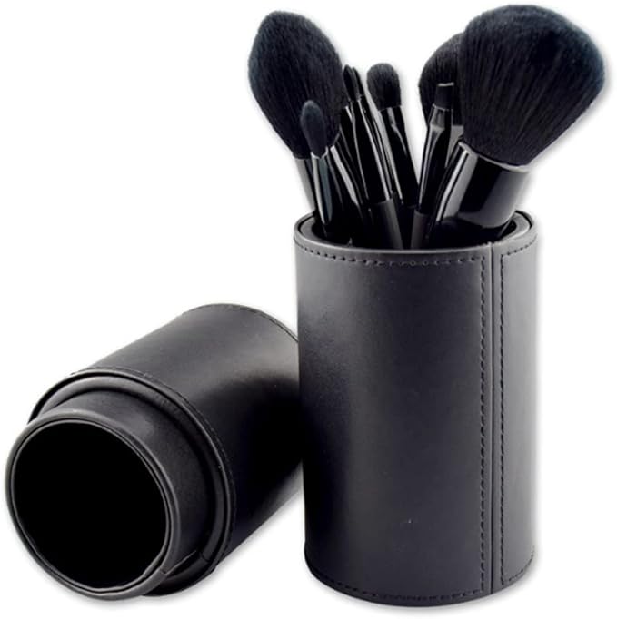 UPSTORE Portable Makeup Brush Case Black PU Leather Cosmetic Makeup Brush Holder Organizer for Short Brushes Cylindrical Design with Snap Closure 9 x 3.1 inch