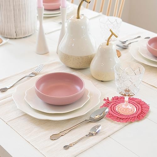 Whaline Boho Macrame Coasters Set of 4 Handmade Red Pink White Woven Coaster for Drinks Bohemian Cup Mat with Tassel for Kinds of Mugs and Cups Coffee Home Kitchen Office Wooden Table Decor - Image 5