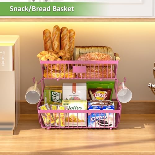 2 Tier Fruit Basket for Kitchen Counter with 2 Banana Hangers, Countertop Metal Fruit Bowl with Wooden Handle, Large Storage Stand for Vegetables, Snacks, Breads, Produce Storage – Rose Pink - Image 2