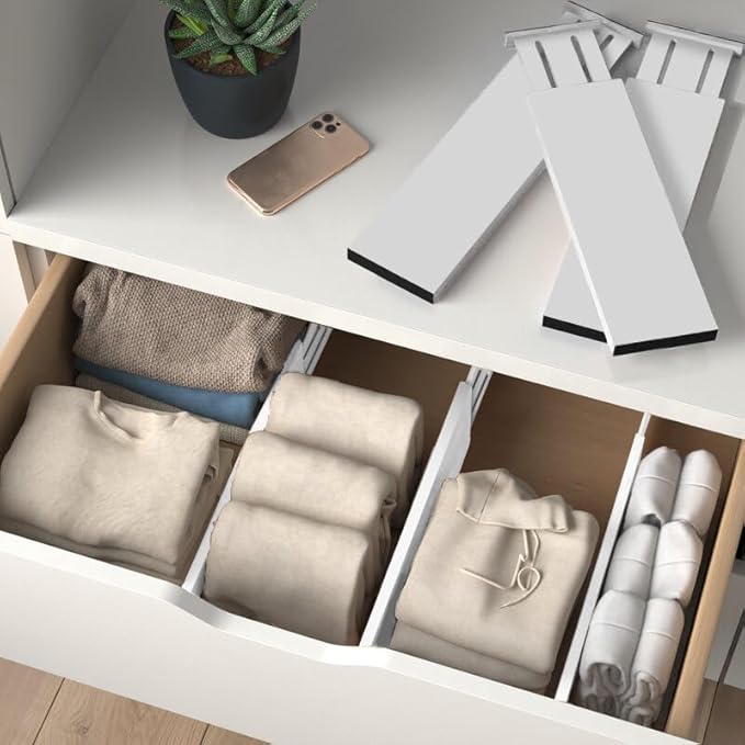 6-Pack Drawer Dividers 4 Inch High, 11”-17" Adjustable Bamboo Organizers Large Expandable Drawer Separators for Cloths, Dresser, Bedroom, Bathroom, Baby Drawer, Office & Kitchen Utensils (White)