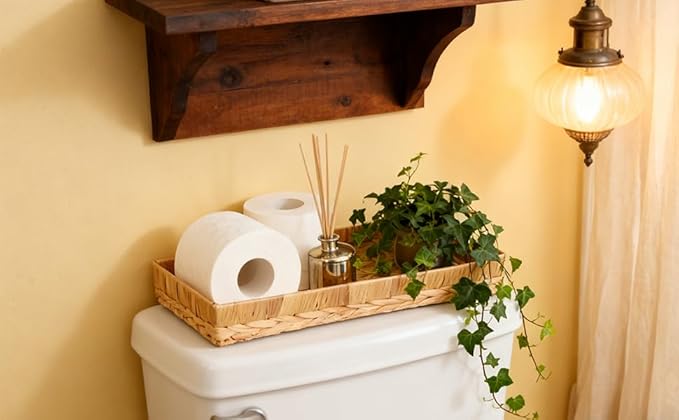 Rectangle Bathroom Tray, 16" Bathroom Over Toilet Tank, Water Hyacinth Wicker Basket for Bathroom Counter Long Narrow Hand Towel Storage Basket for Home Decor, Rattan Yellow