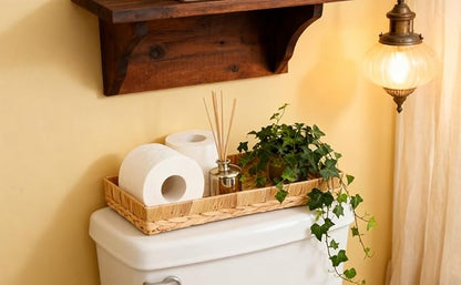 Rectangle Bathroom Tray, 16" Bathroom Over Toilet Tank, Water Hyacinth Wicker Basket for Bathroom Counter Long Narrow Hand Towel Storage Basket for Home Decor, Rattan Yellow