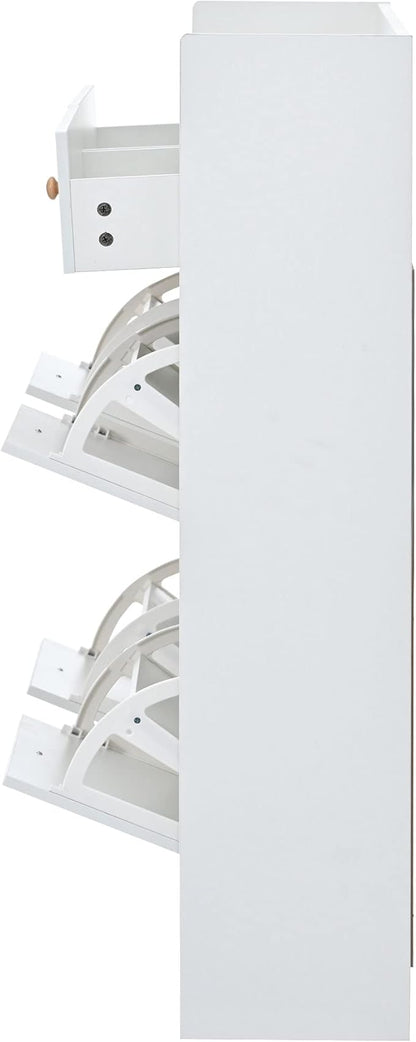 JIVOIT 2-Tier Shoe Storage Organizer, Modern Wooden Shoe Cabinet with 4 Flip Drawers, Multifunctional Free Standing Shoe Rack for Entrance Hallway Small Spaces (White+4 Flip Drawers)