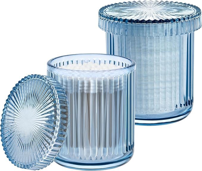 2 Pack Glass Qtip Holder Dispenser Set - Bathroom Organizer for Cotton Swabs, Balls, Pads, Floss Picks - Clear Apothecary Jars for Vanity, Makeup Storage, Bathroom Accessories Decor (Blue)