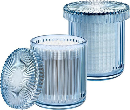 2 Pack Glass Qtip Holder Dispenser Set - Bathroom Organizer for Cotton Swabs, Balls, Pads, Floss Picks - Clear Apothecary Jars for Vanity, Makeup Storage, Bathroom Accessories Decor (Blue)