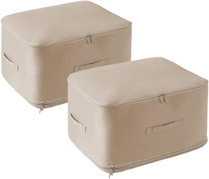 Ultra Space Saving Self Compression Organizer, Storage Tote for Space Saving,Packing Bags Clothes Storage Bags Self Compression Organizer for Comforters, Blankets, Bedding (Beige)