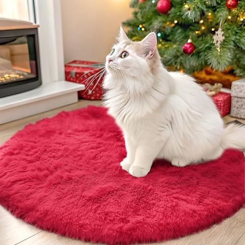 OLANLY Red Round Rugs for Bedroom - Machine Washable, 2 ft Circle Area Rugs for Living Room, Soft and Fluffy Shaggy Carpet for Teen Girls and Boys, Nursery Rooms, Dorms, Home Decor Aesthetic by OLANLY