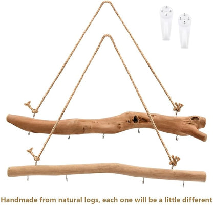 15Inch Driftwood Wall Hanging Jewelry Organizer - 2pcs Rustic Wood Tree-Shaped Wall Decor with 4/5 Hooks for Rustic, Boho & Farmhouse Home