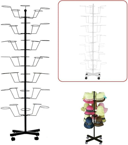 7 Tier Hat Display Metal Stand 35 Holders Cap Display Rotating Rack w/ 4 Wheels (White)