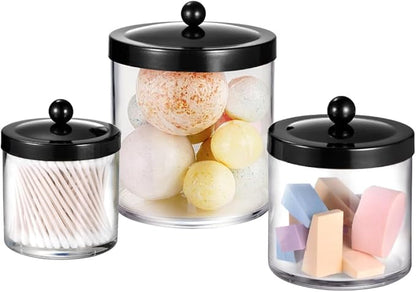 SheeChung 3-Pack Plastic Apothecary Jars with Black Metal Lids - Large 50oz, 25oz & 15oz Clear Acrylic Storage Set - Shatterproof Bathroom & Laundry Room Organizer - Modern Farmhouse Decor